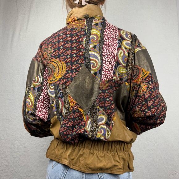 Vintage Tan Genuine Leather Patchwork Scrunched Full Zip Bomber Jacket Size S - Picture 6 of 16
